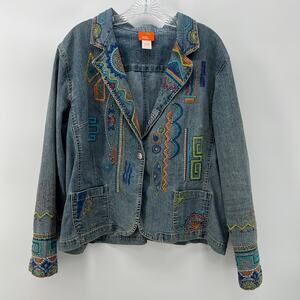 Hearts of Palm Embroidered Denim Jacket Boho Southwestern Women's Size 18 1X XL